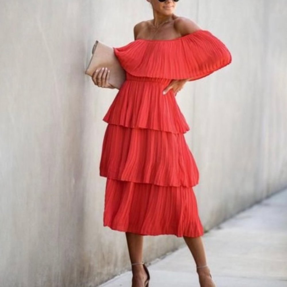 Red Tiered Off the Shoulder Dress